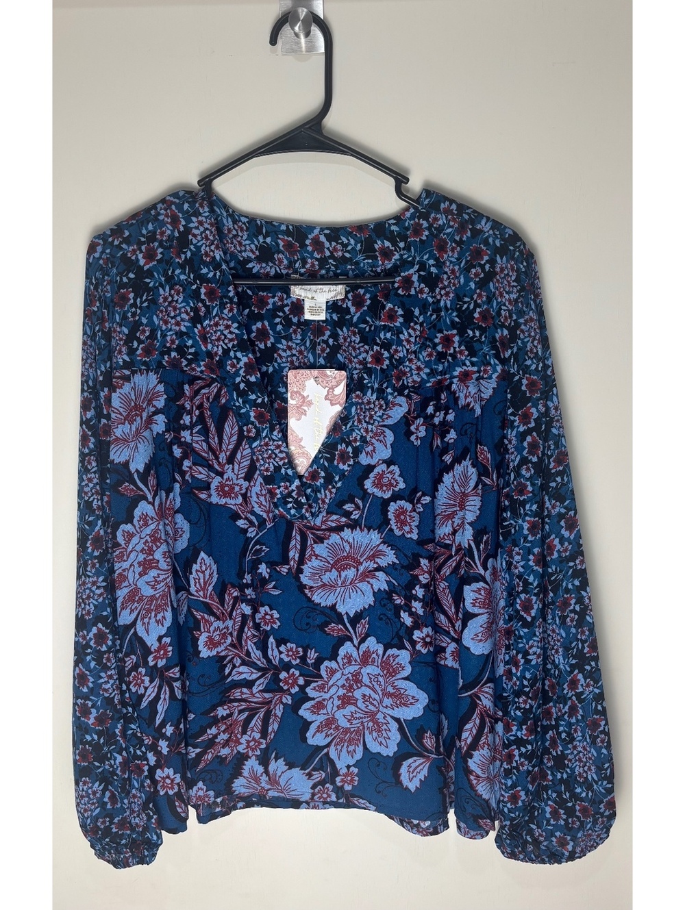 Band of the Free Women’s Large Floral Blouse Blue V Neck Balloon Sleeve NWT Boho